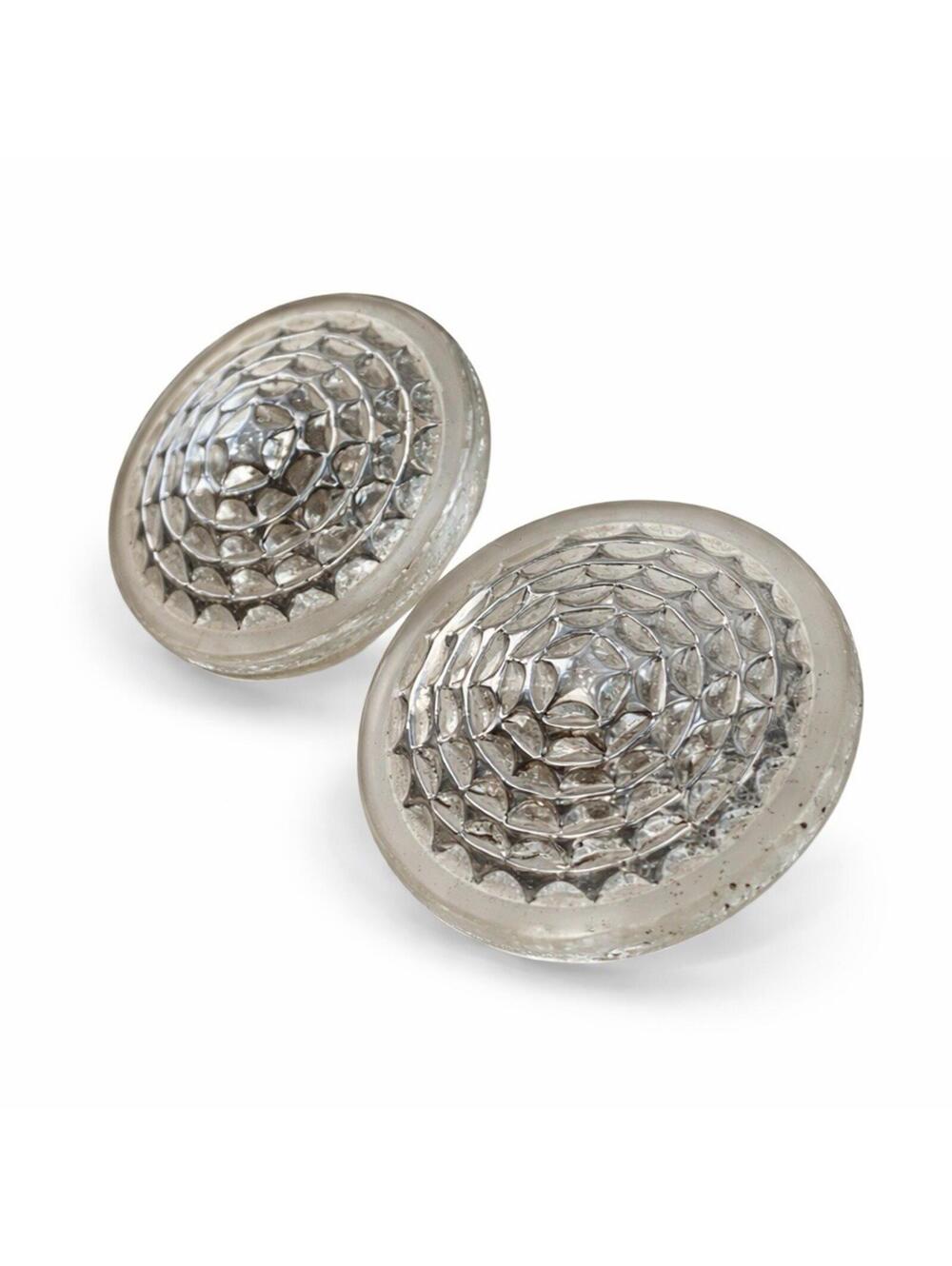 Antique Silver Luster Glass Buttons Dome Star Pattern Shank Pair Clear Set Chrom